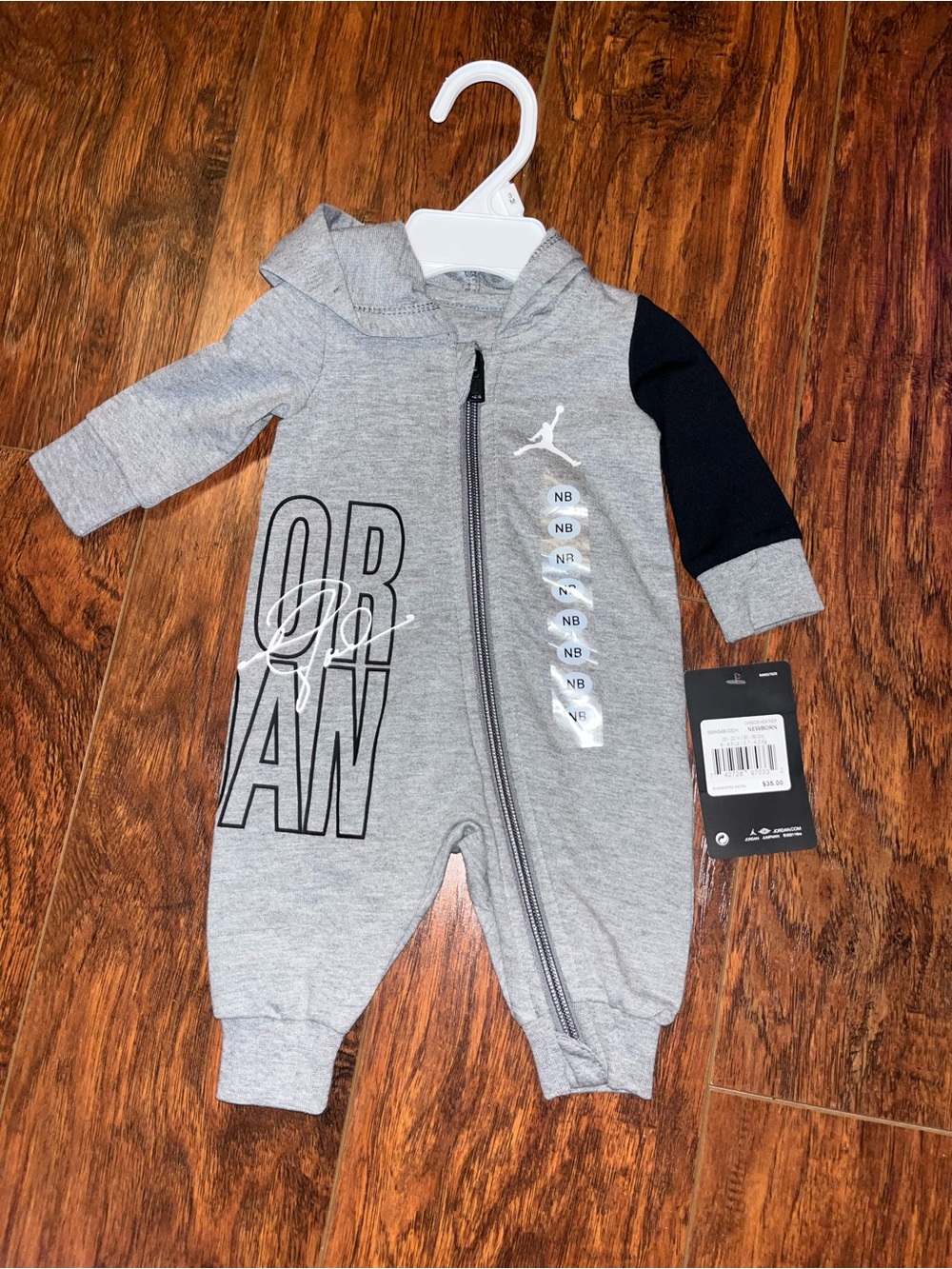 Jordan Grey Hooded Baby One-Piece with Black Sleeve Accent